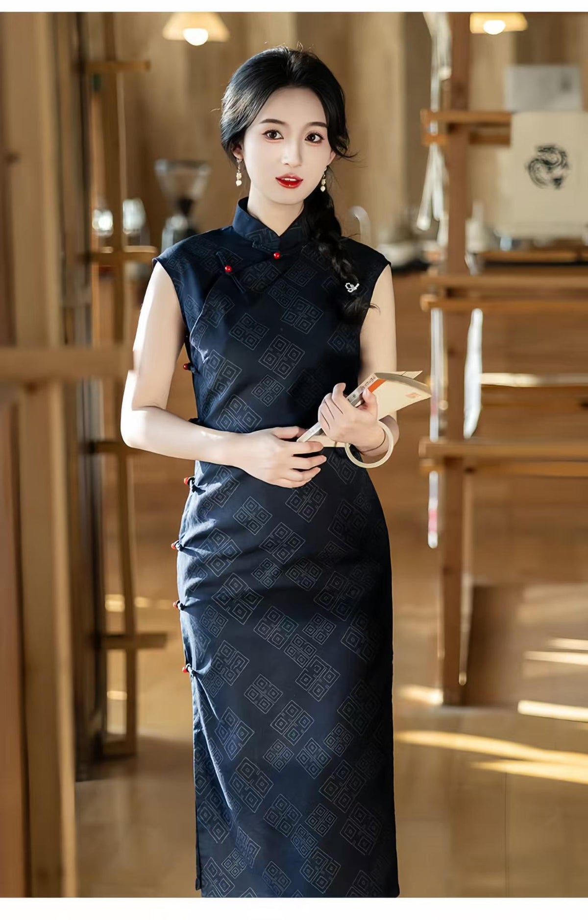 Women's Black Vintage Qipao Cheongsam Dress – Linen Fitted – additional product view