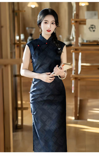 Women's Black Vintage Qipao Cheongsam Dress – Linen Fitted – additional product view