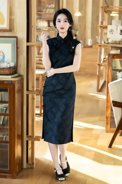Women's Black Vintage Qipao Cheongsam Dress – Linen Fitted – additional product view