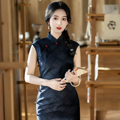 Women's Black Vintage Qipao Cheongsam Dress – Linen Fitted – additional product view