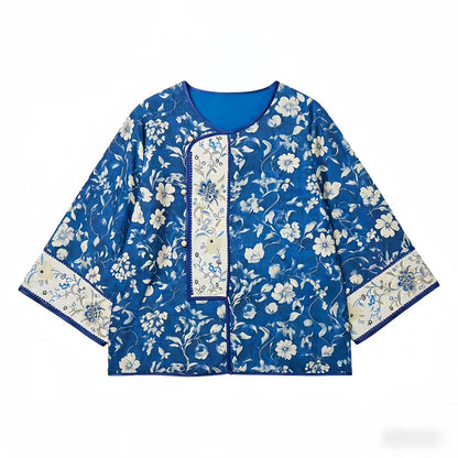 Women's Blue Floral Satin Chinese Tang Jacket – additional product view
