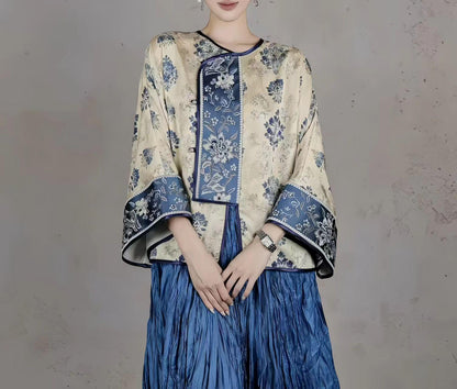 Women's Blue Floral Satin Chinese Tang Jacket – additional product view