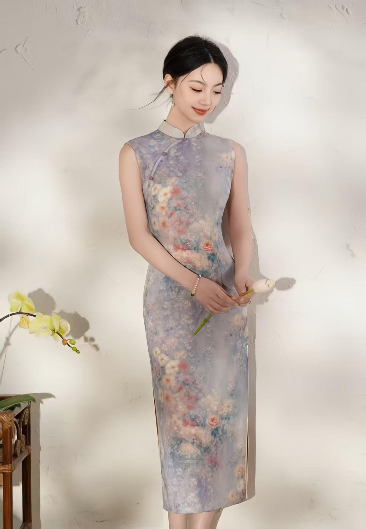 Women's Floral Qipao Cheongsam Dress – Purple Linen Midi Fitted – additional product view
