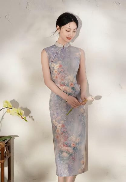 Women's Floral Qipao Cheongsam Dress – Purple Linen Midi Fitted – additional product view