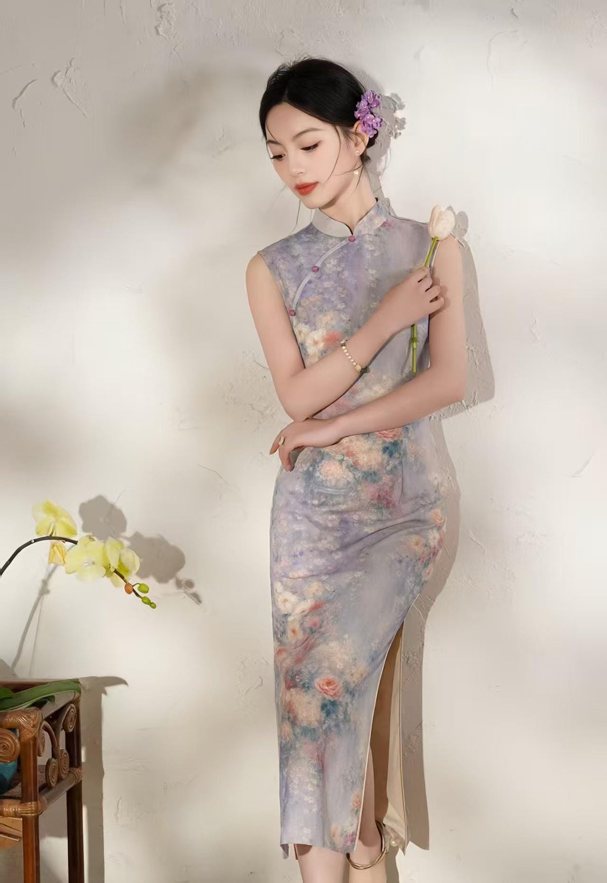 Women's Floral Qipao Cheongsam Dress – Purple Linen Midi Fitted – additional product view