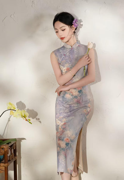 Women's Floral Qipao Cheongsam Dress – Purple Linen Midi Fitted – additional product view