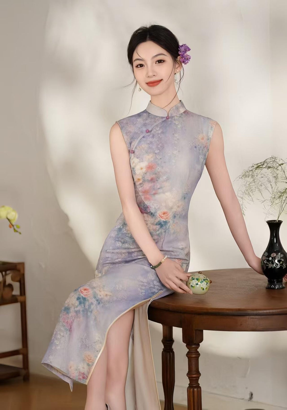 Women's Floral Qipao Cheongsam Dress – Purple Linen Midi Fitted – additional product view