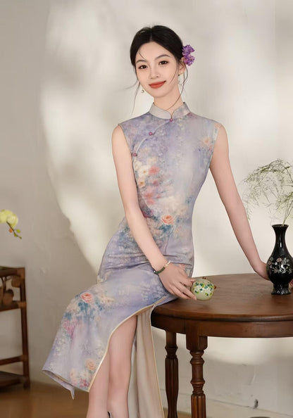 Women's Floral Qipao Cheongsam Dress – Purple Linen Midi Fitted – additional product view
