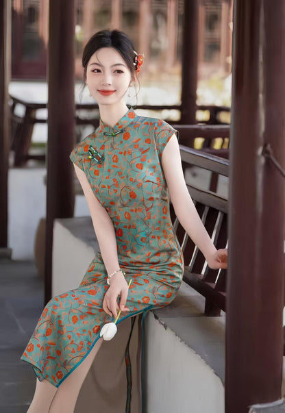 Women's Blue Vintage Satin Qipao Cheongsam Dress – additional product view