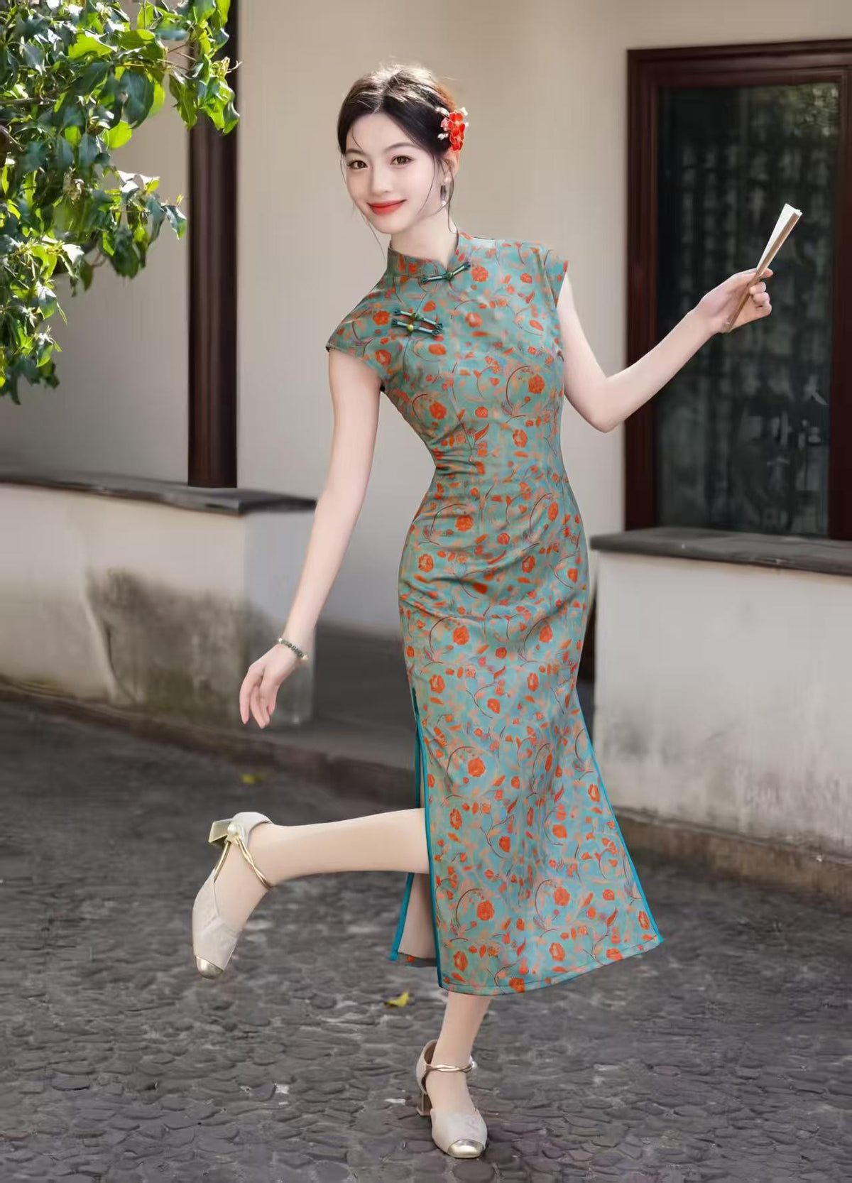 Women's Blue Vintage Satin Qipao Cheongsam Dress – additional product view