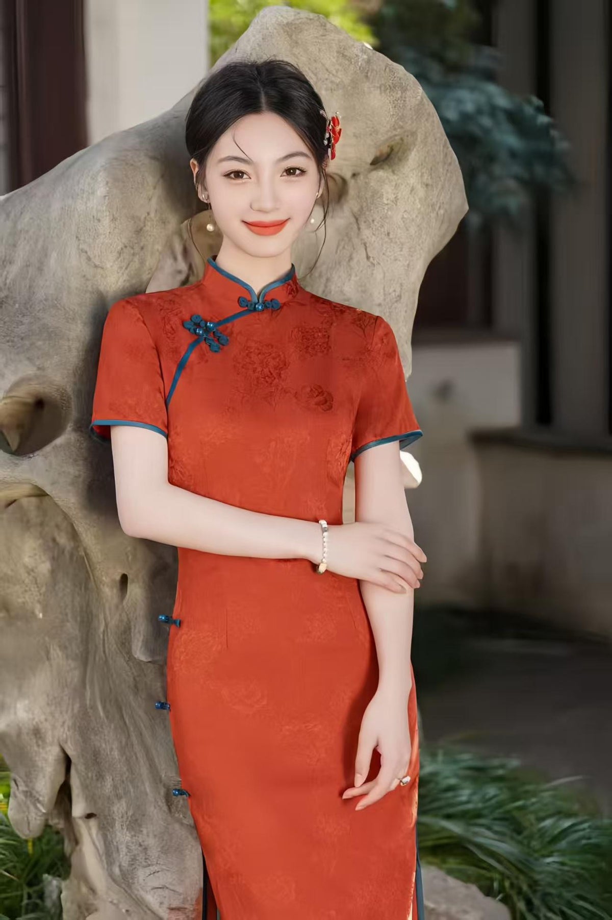 Women's Red Vintage Qipao Cheongsam Dress – Jacquard – additional product view