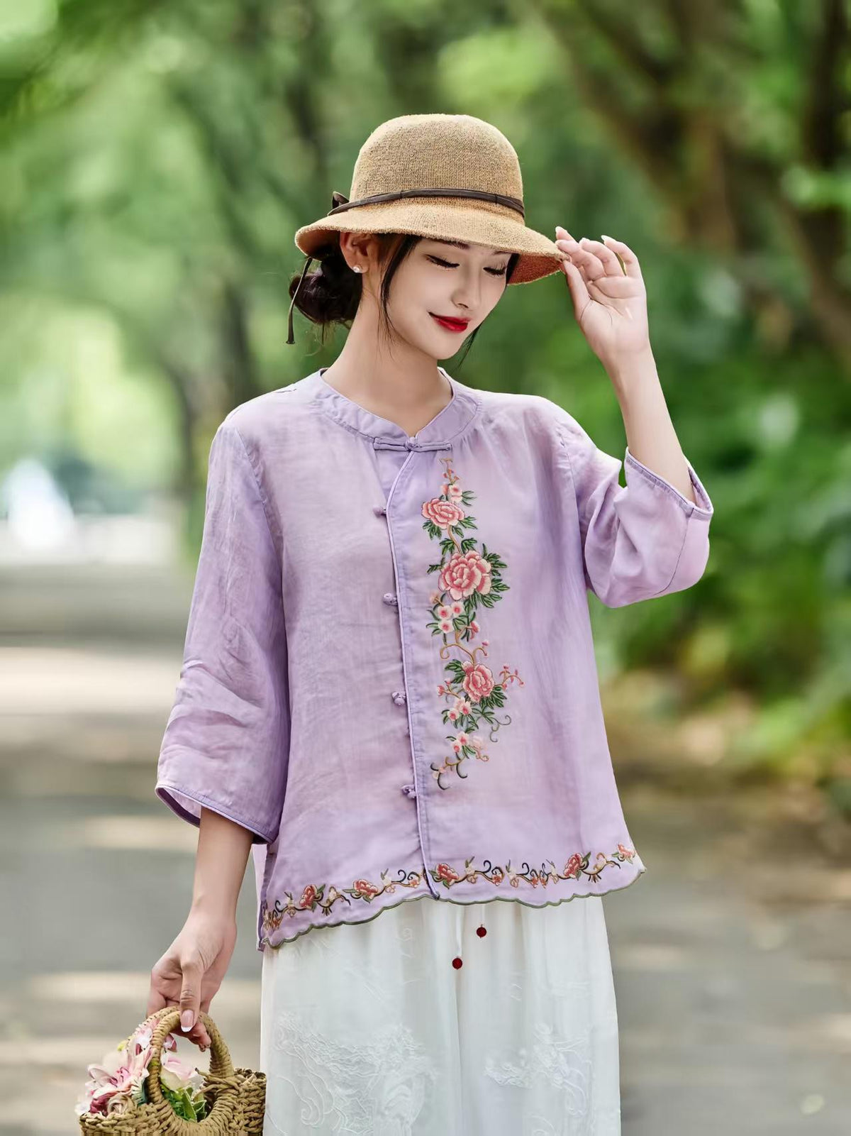 Women's Floral Chinese Style Blouse – Linen – additional product view