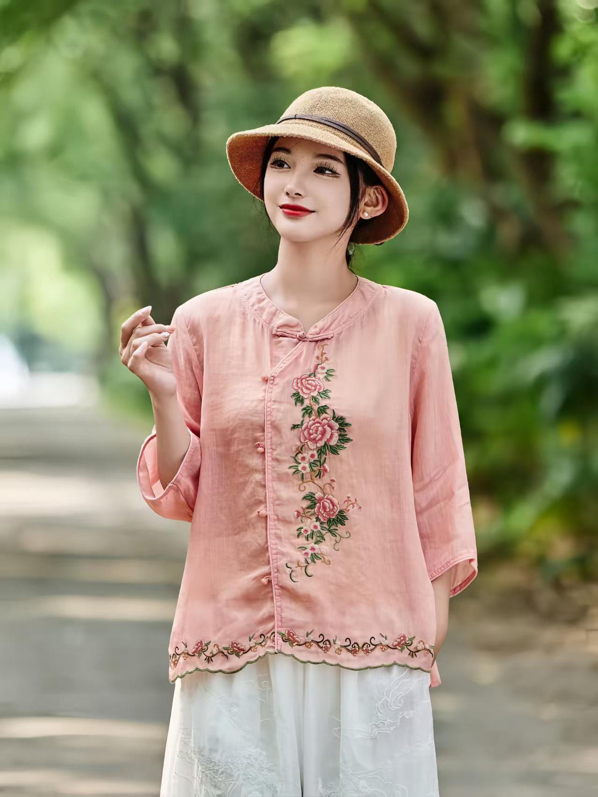Women's Floral Chinese Style Blouse – Linen – additional product view
