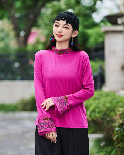 Women's Floral Chinese Style Blouse – Cotton Long Sleeve – additional product view