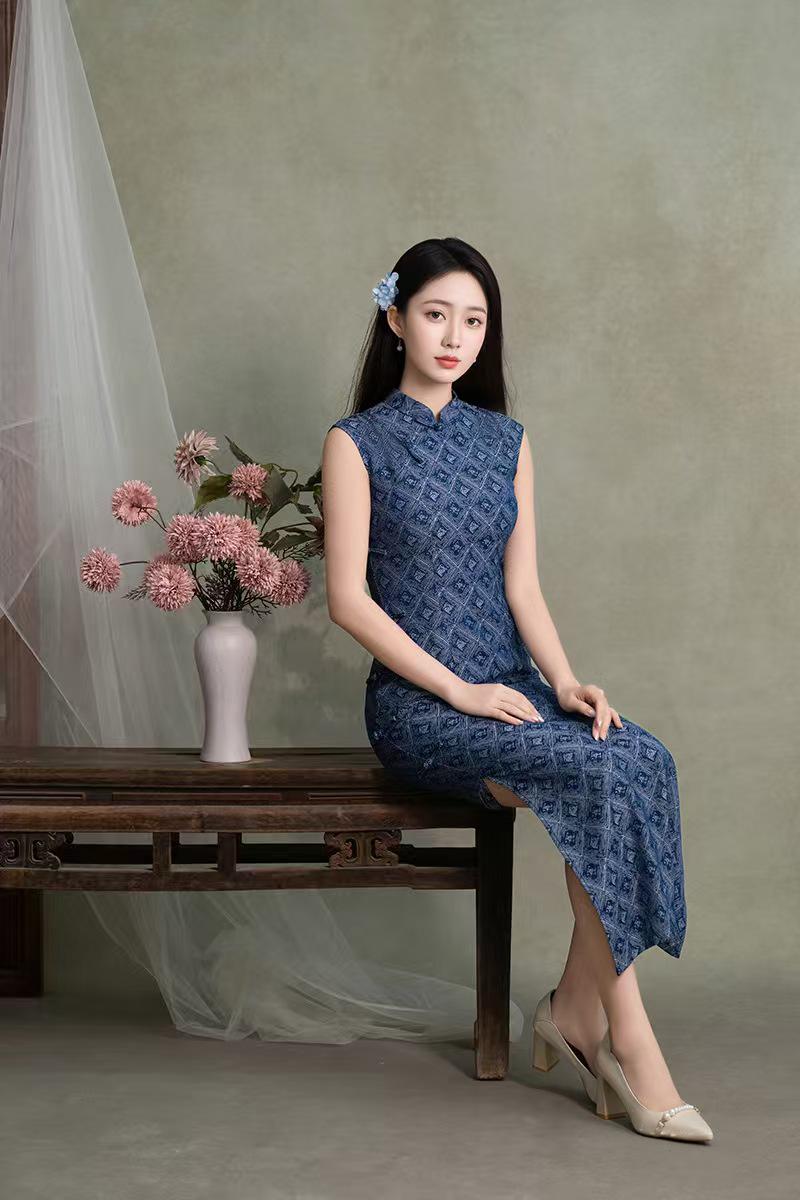 Women's Blue Vintage Qipao Cheongsam Dress – Geometric Fitted – additional product view