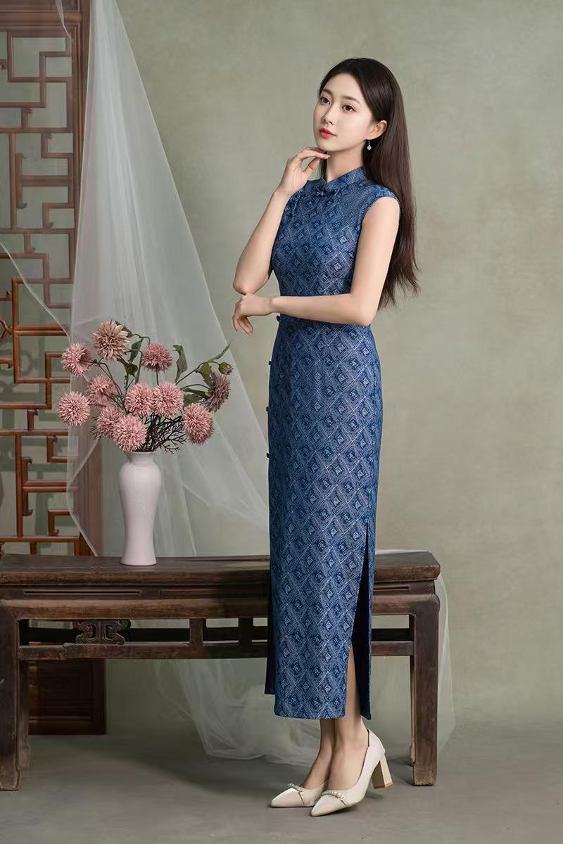 Women's Blue Vintage Qipao Cheongsam Dress – Geometric Fitted – additional product view