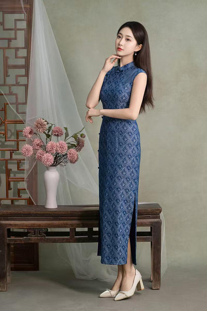 Women's Blue Vintage Qipao Cheongsam Dress – Geometric Fitted – additional product view