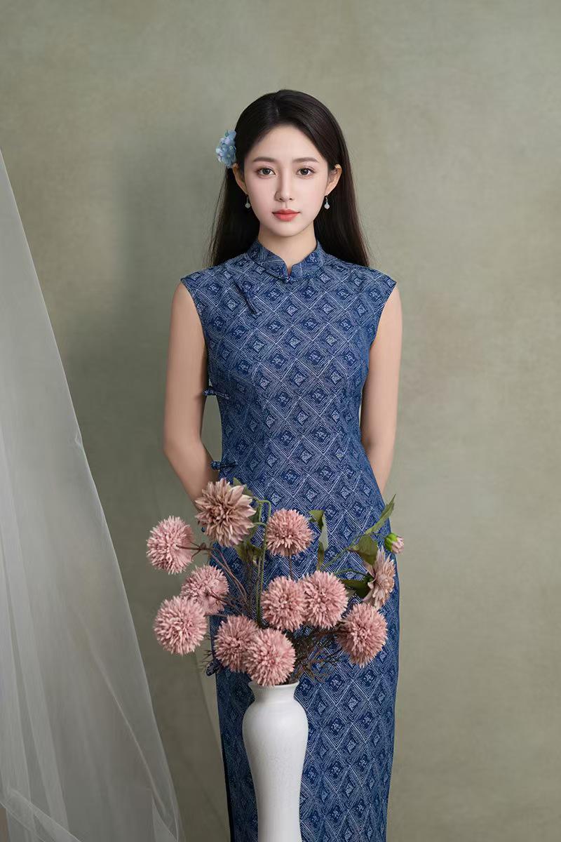 Women's Blue Vintage Qipao Cheongsam Dress – Geometric Fitted – additional product view
