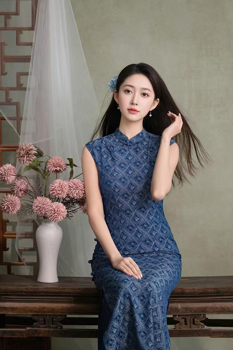 Women's Blue Vintage Qipao Cheongsam Dress – Geometric Fitted
