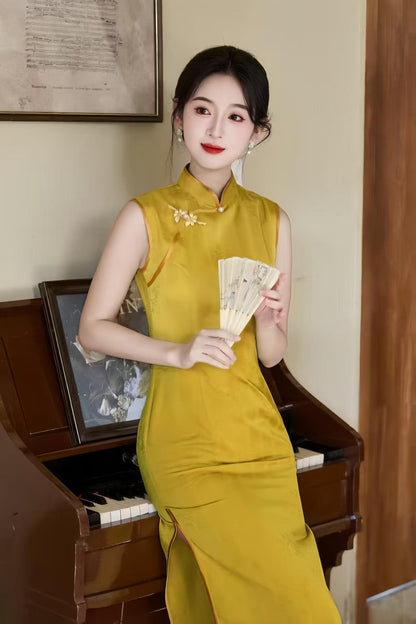 Women's Gold Vintage Qipao Cheongsam Dress – Jacquard Fitted – additional product view