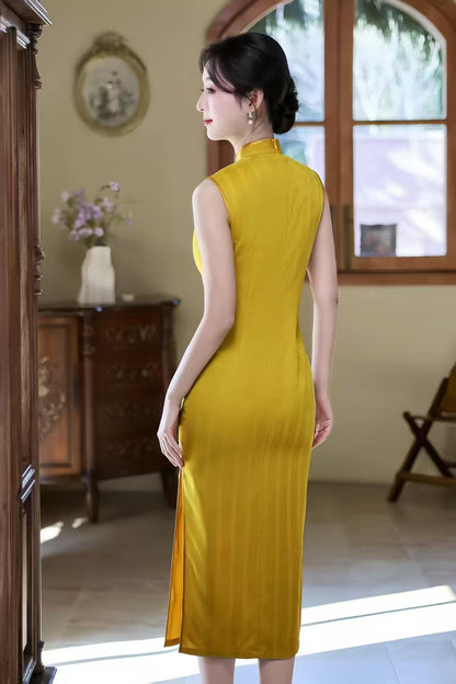 Women's Gold Vintage Qipao Cheongsam Dress – Jacquard Fitted – additional product view