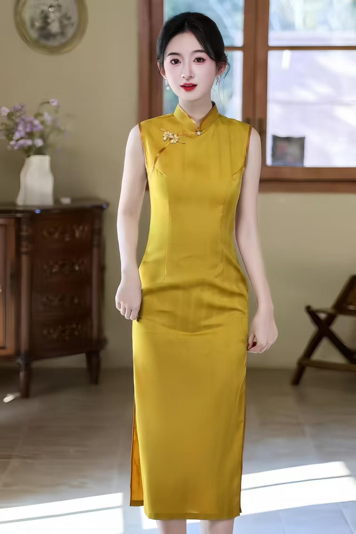 Women's Gold Vintage Qipao Cheongsam Dress – Jacquard Fitted – additional product view