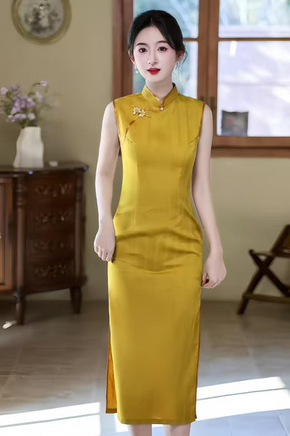 Women's Gold Vintage Qipao Cheongsam Dress – Jacquard Fitted – additional product view