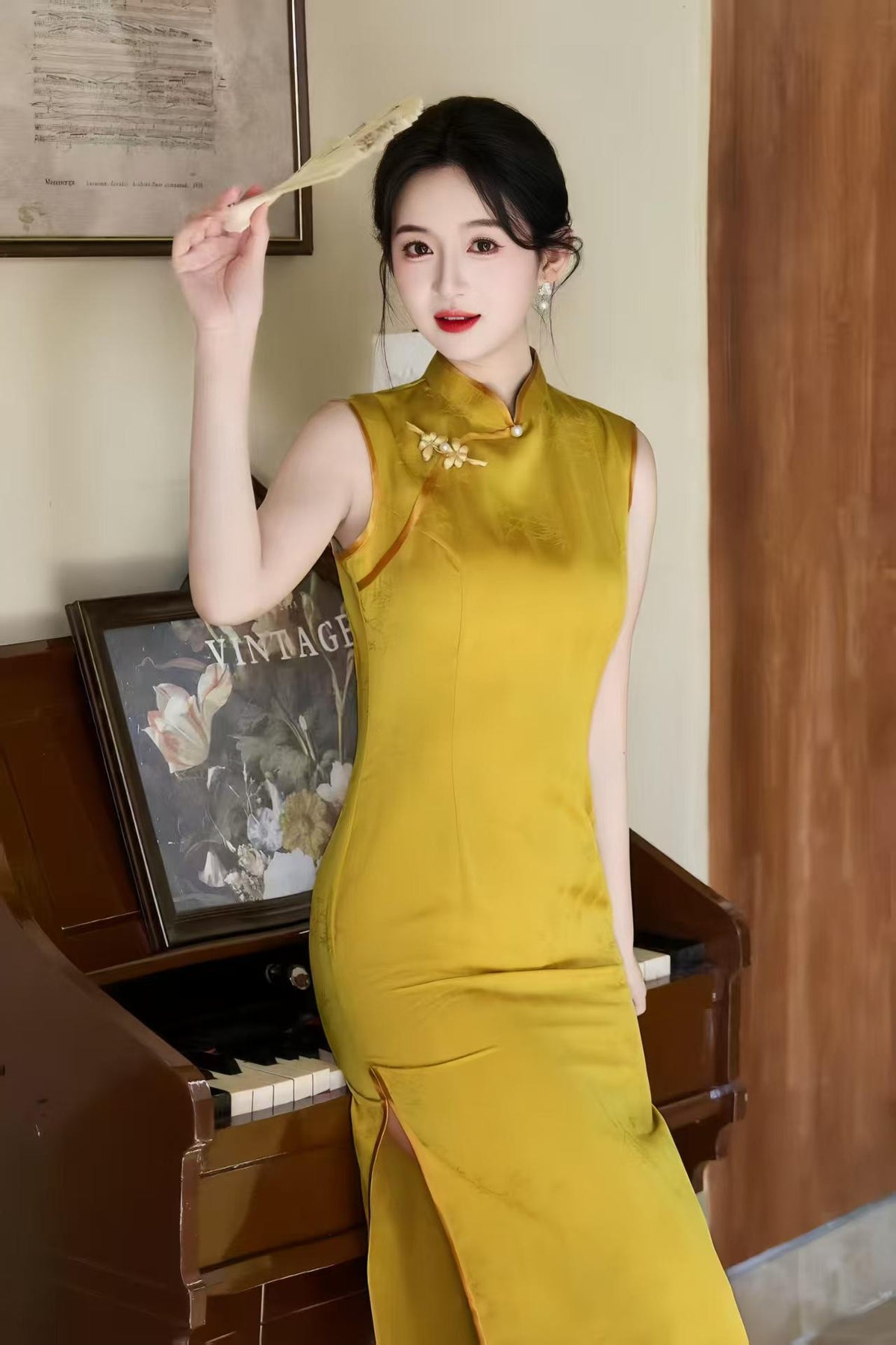 Women's Gold Vintage Qipao Cheongsam Dress – Jacquard Fitted – additional product view