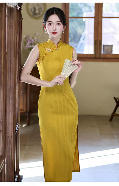 Women's Gold Vintage Qipao Cheongsam Dress – Jacquard Fitted – additional product view