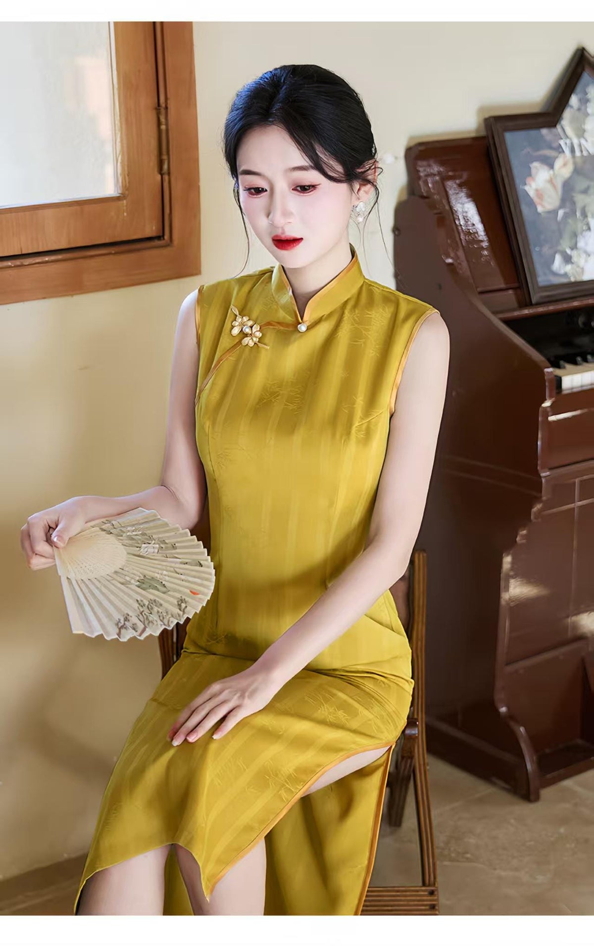 Women's Gold Vintage Qipao Cheongsam Dress – Jacquard Fitted – additional product view