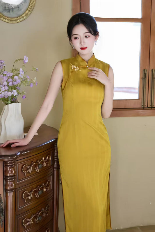 Women's Gold Vintage Qipao Cheongsam Dress – Jacquard Fitted