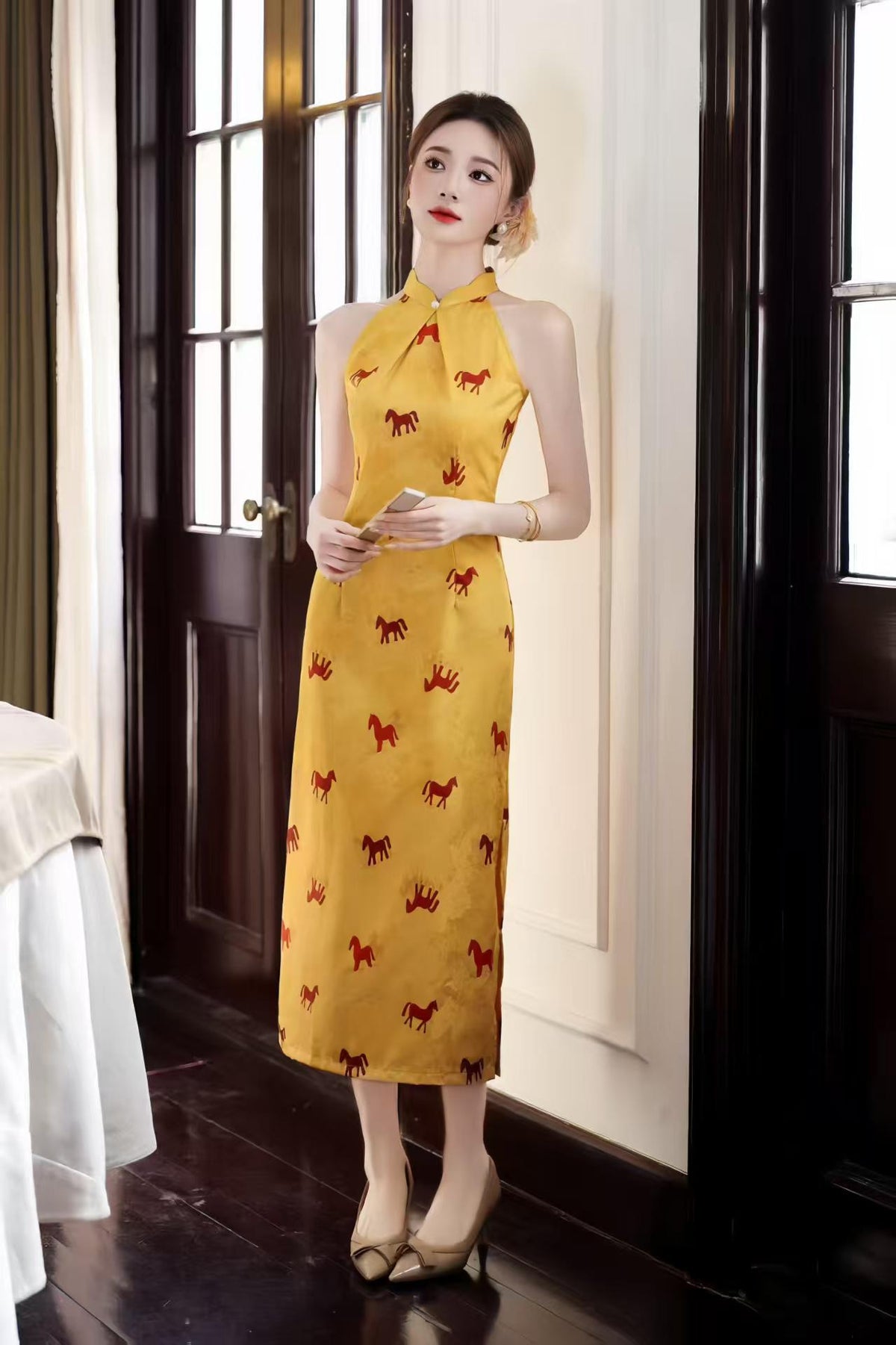 Women's Gold Vintage Qipao Cheongsam Dress – Jacquard Printed Fitted – additional product view
