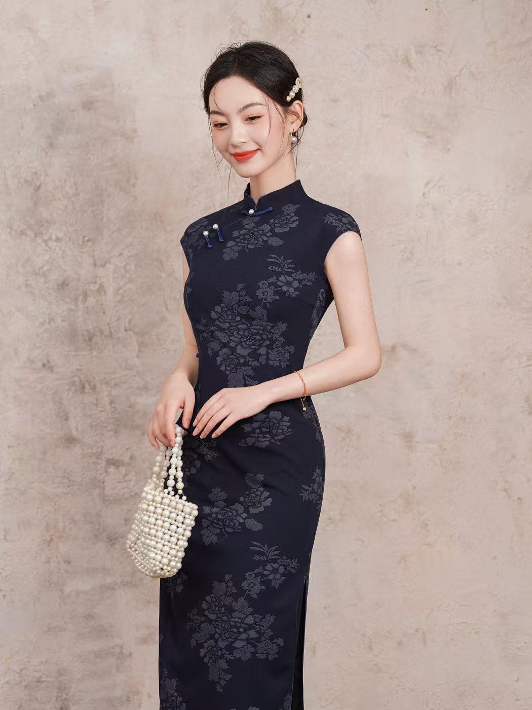 Women's Blue Jacquard Silk Qipao Cheongsam Dress – Fitted – additional product view