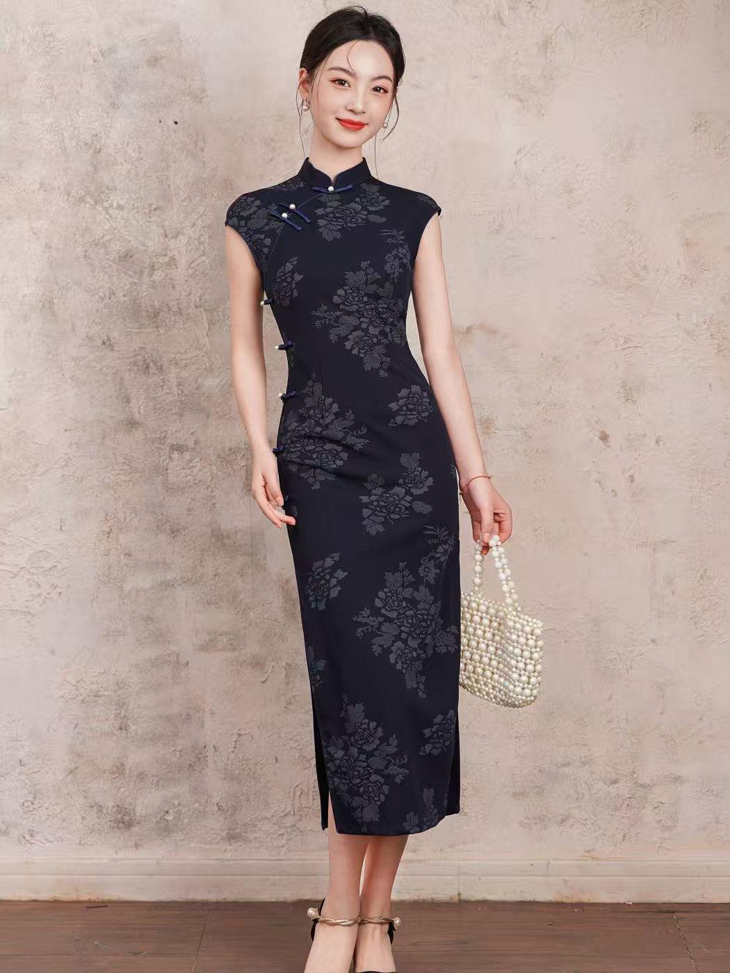 Women's Blue Jacquard Silk Qipao Cheongsam Dress – Fitted – additional product view