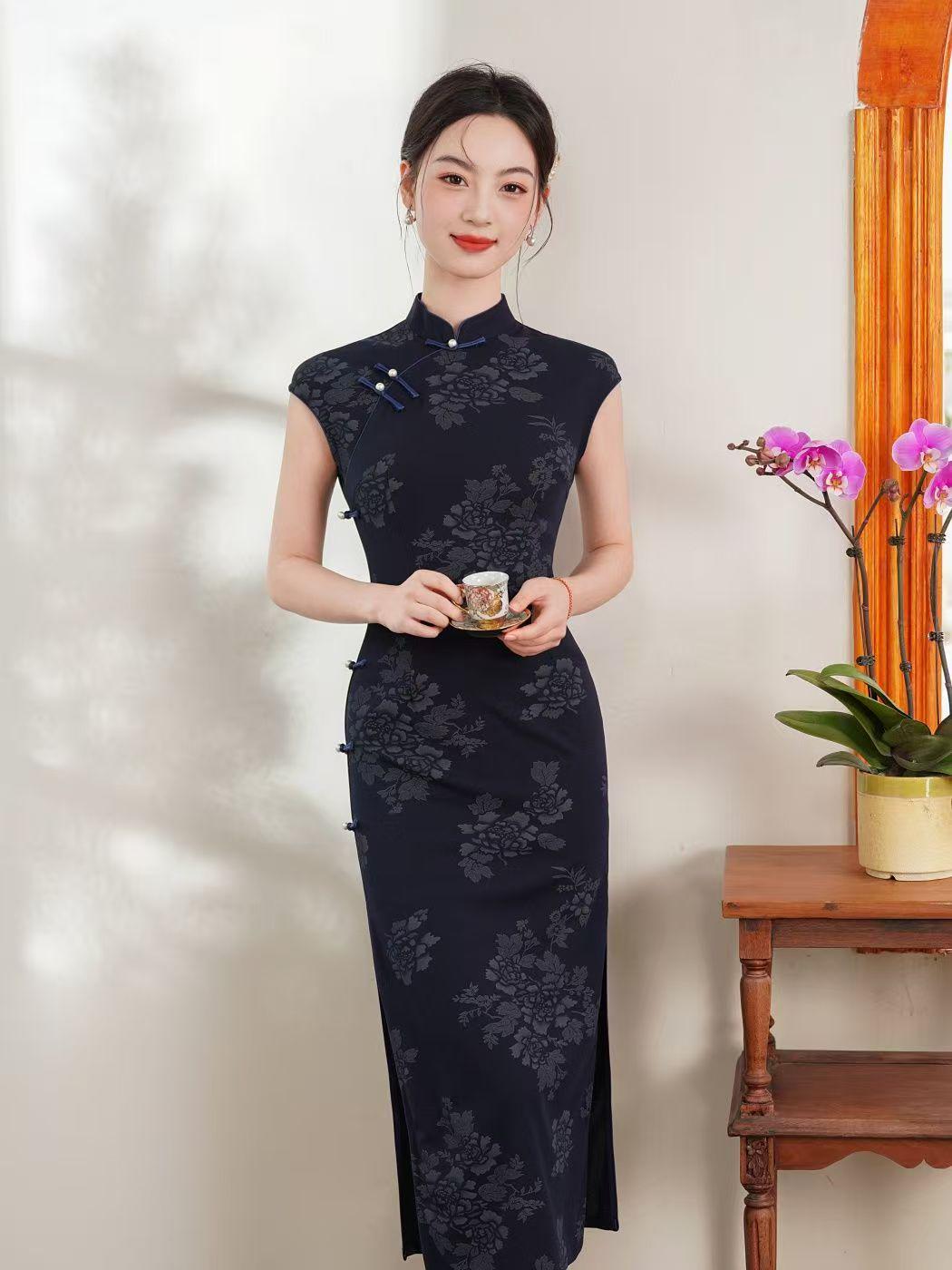 Women's Blue Jacquard Silk Qipao Cheongsam Dress – Fitted – additional product view