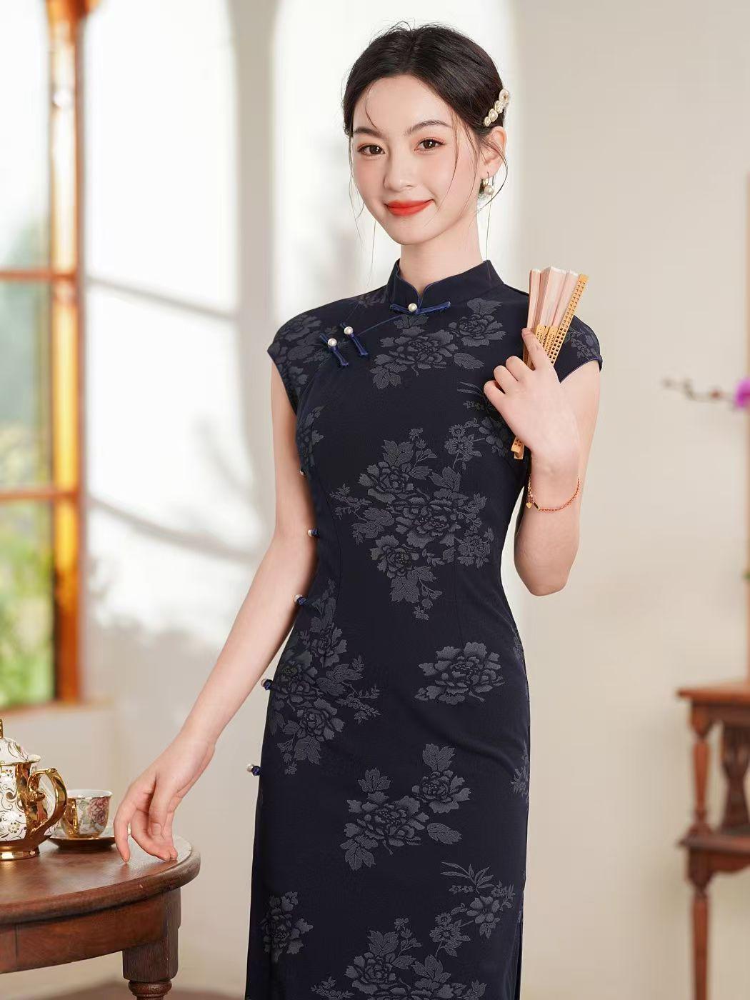 Women's Blue Jacquard Silk Qipao Cheongsam Dress – Fitted – additional product view