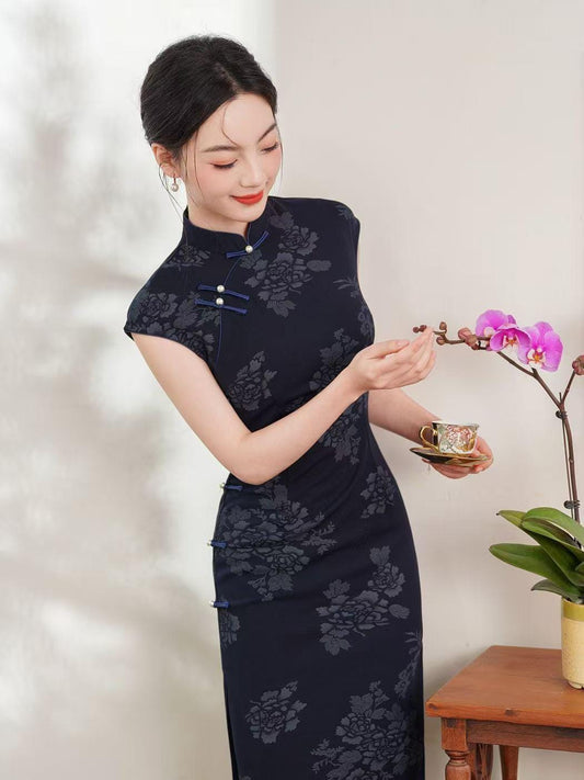 Women's Blue Jacquard Silk Qipao Cheongsam Dress – Fitted