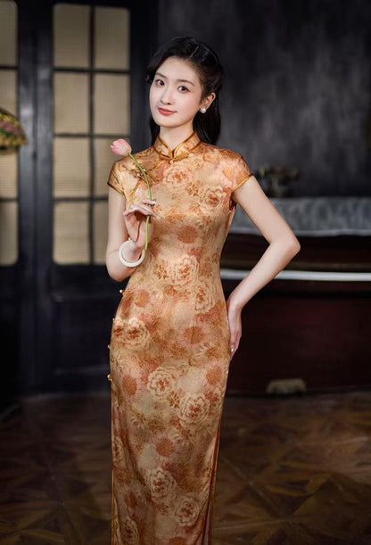 Women's Gold Vintage Silk Qipao Cheongsam Dress – Fitted – additional product view