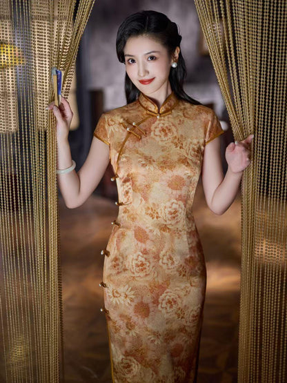 Women's Gold Vintage Silk Qipao Cheongsam Dress – Fitted – additional product view