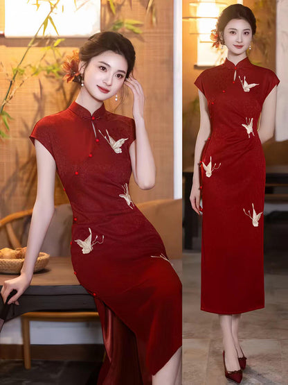 Women's Red Elegant Qipao Cheongsam Dress – Jacquard Fitted – additional product view