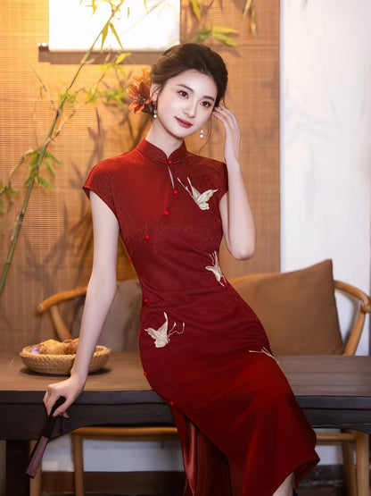 Women's Red Elegant Qipao Cheongsam Dress – Jacquard Fitted – additional product view