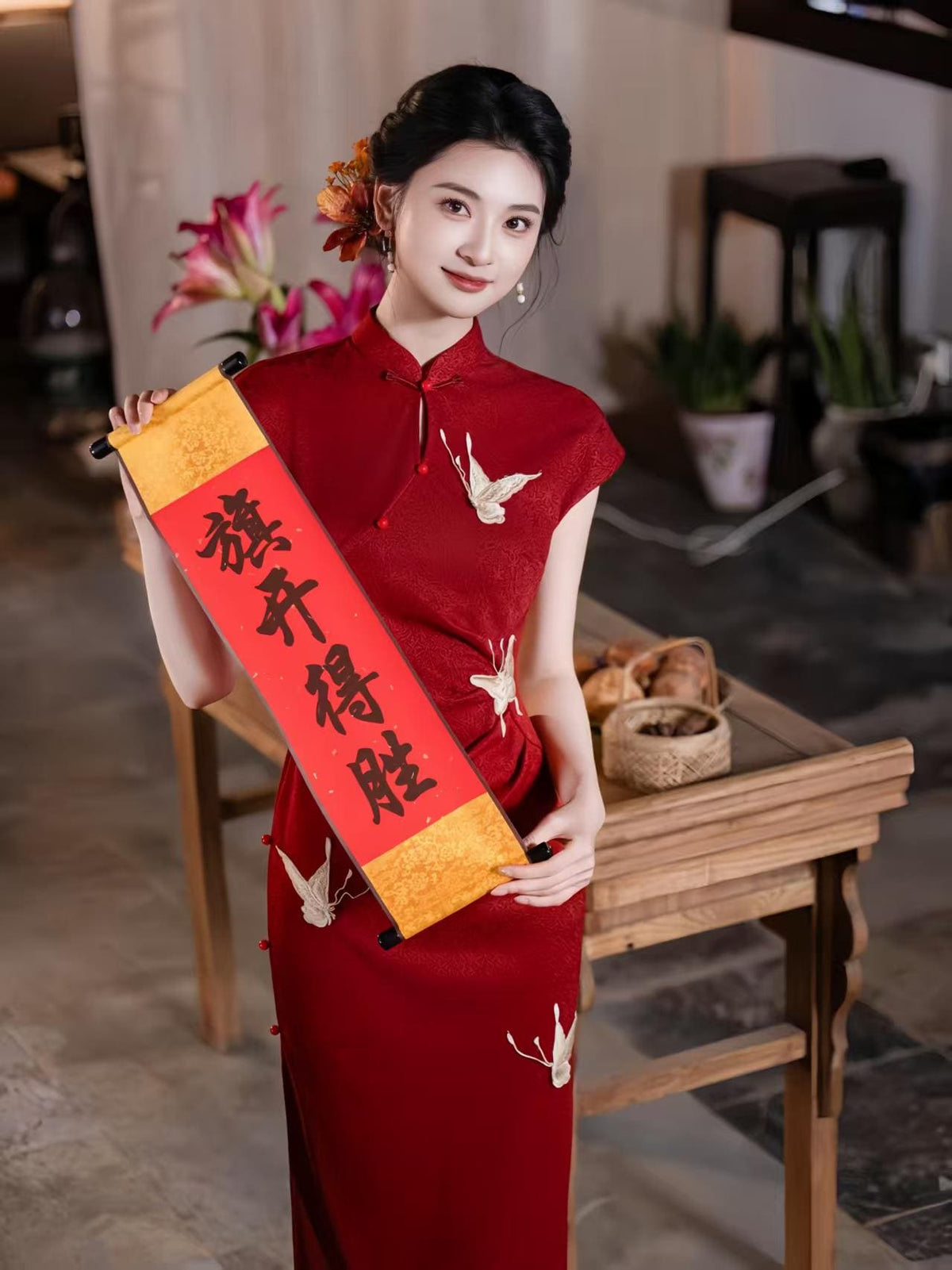 Women's Red Elegant Qipao Cheongsam Dress – Jacquard Fitted – additional product view