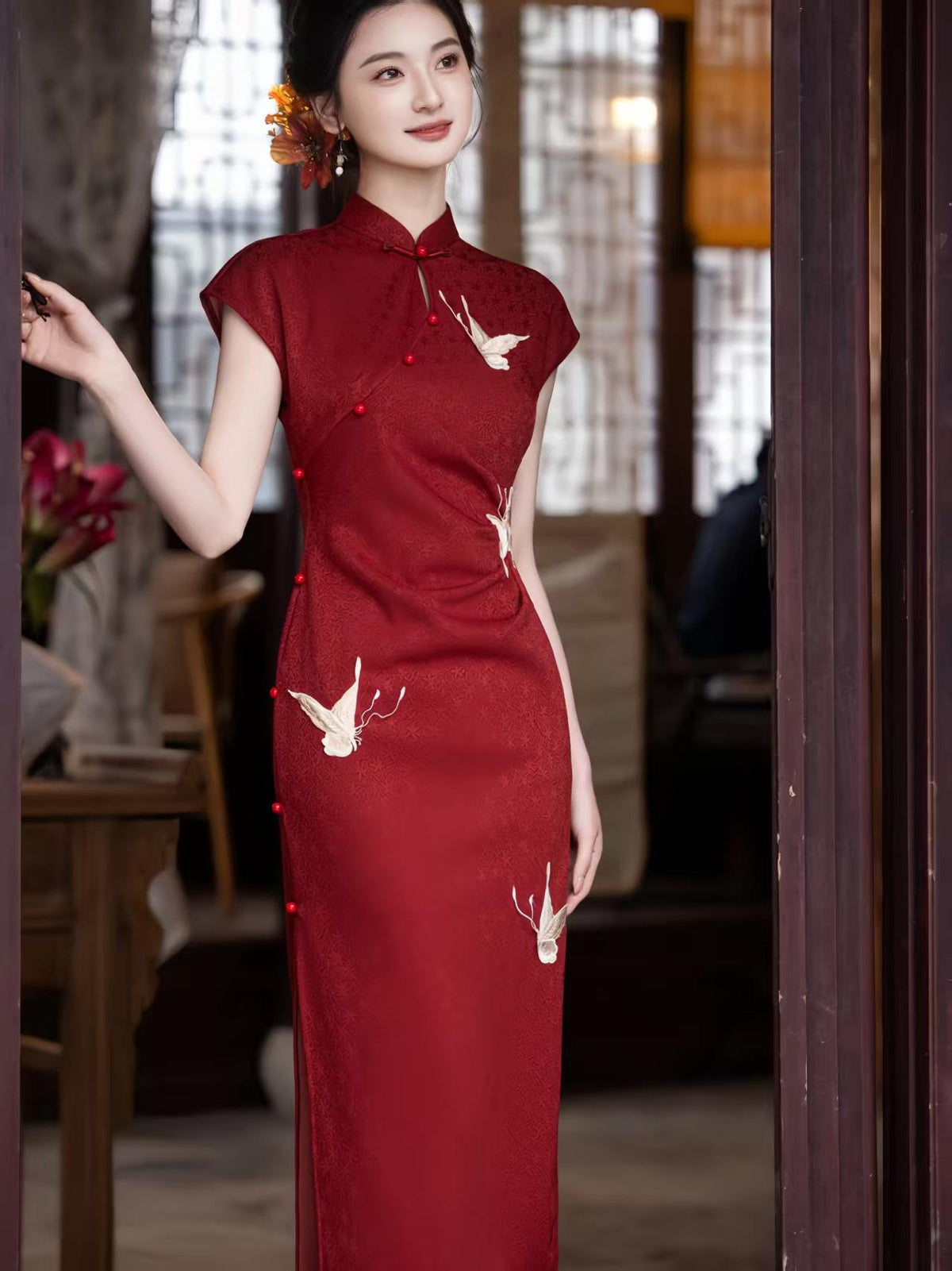 Women's Red Elegant Qipao Cheongsam Dress – Jacquard Fitted – additional product view