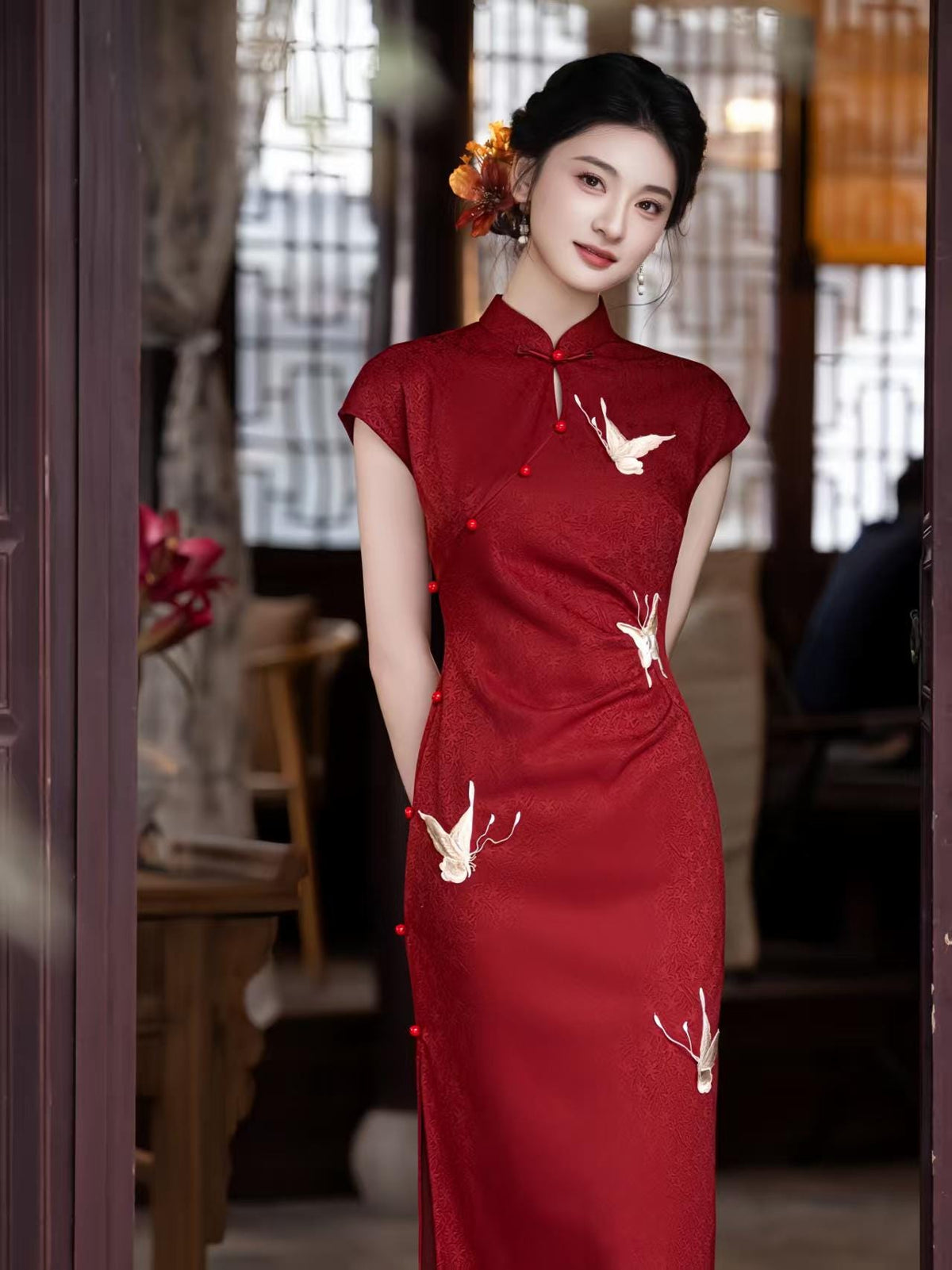 Women's Red Elegant Qipao Cheongsam Dress – Jacquard Fitted