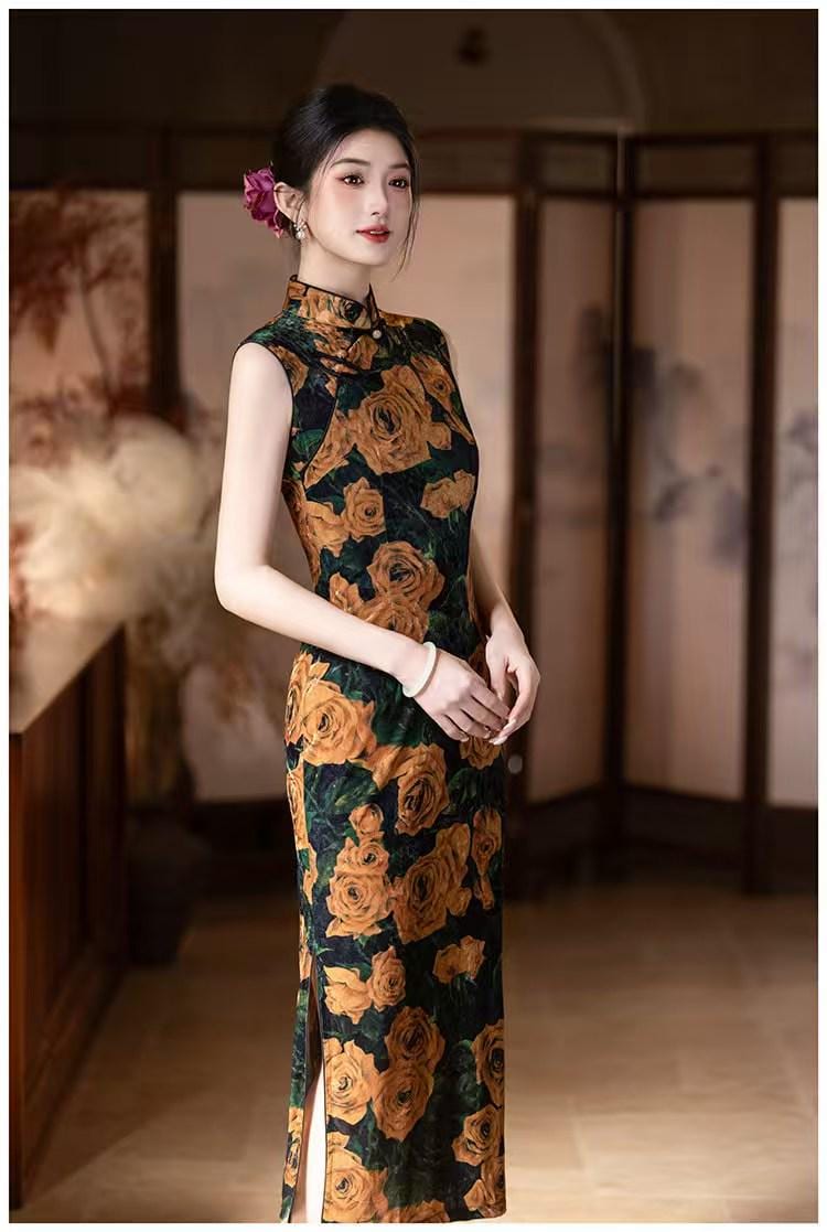 Women's Black Vintage Velvet Qipao Cheongsam Dress – additional product view