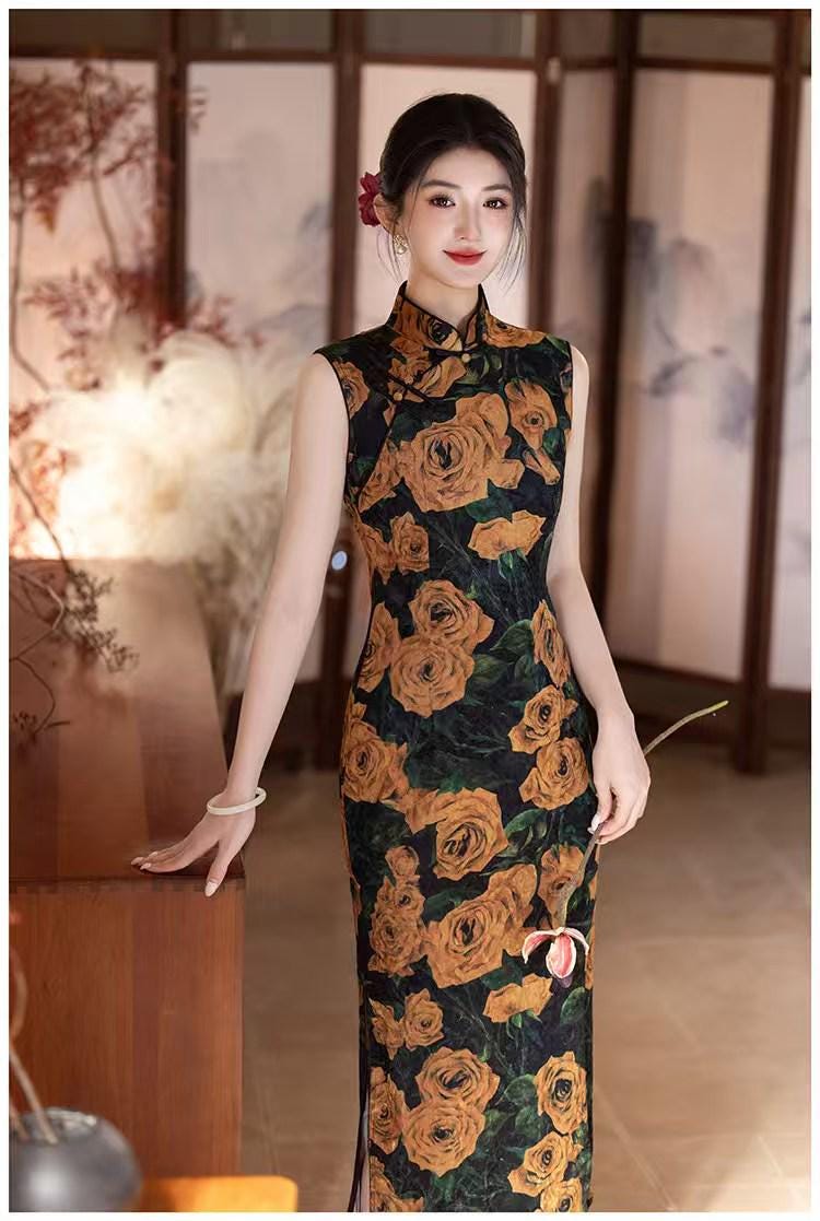 Women's Black Vintage Velvet Qipao Cheongsam Dress – additional product view