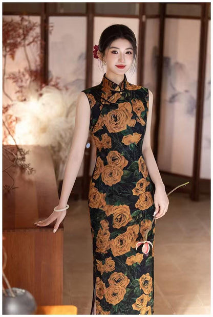 Women's Black Vintage Velvet Qipao Cheongsam Dress – additional product view