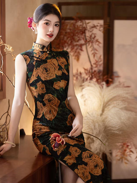 Women's Black Vintage Velvet Qipao Cheongsam Dress