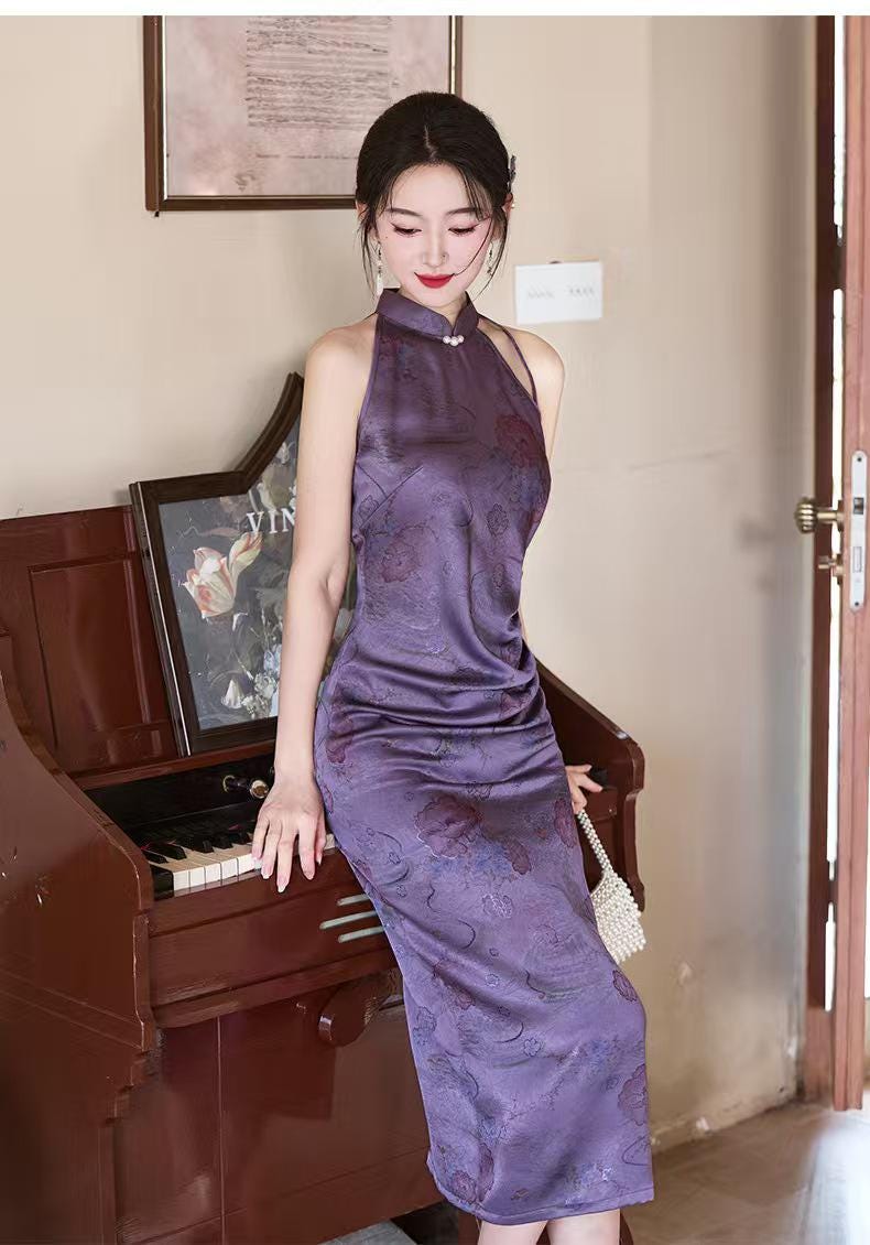 Women's Purple Vintage Satin Qipao Cheongsam Dress – additional product view