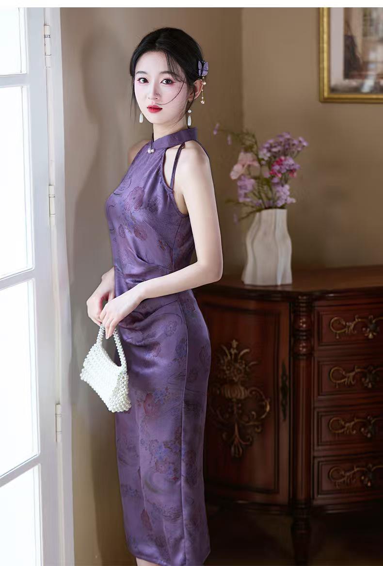 Women's Purple Vintage Satin Qipao Cheongsam Dress – additional product view